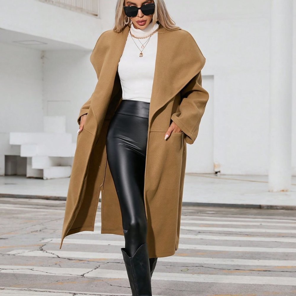 Khaki Preppy Womens Waterfall Collar Slant Pocket Overcoat - Picture 2 of 5